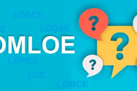 El texto "LOMLOE" destaca entre otras siglas educativas. Burbujas de diálogo con signos de interrogación sugieren dudas sobre la competencia lingüística.