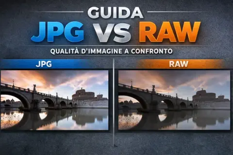 Confronto qualità immagine: JPG vs RAW. Due foto di un ponte e Castel Sant'Angelo a Roma, una in formato estensione jpeg, l'altra RAW.