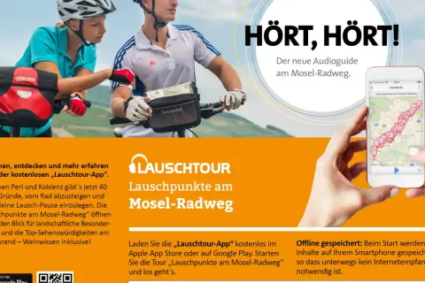 Radfahrer am Mosel-Radweg nutzen die "Lauschtour-App" für Entdeckungen. Die Tour bietet 40 Stopps mit Infos zu Landschaft und Sehenswürdigkeiten.