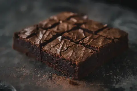 En saftig fudge brownie, uppdelad i bitar, med en härlig spröd yta.