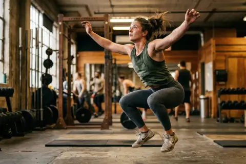 Donna in palestra esegue un salto, un esempio di allenamento HIIT.