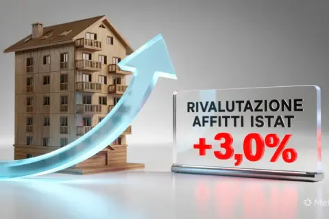 Modello di edificio con freccia blu verso l'alto. Cartello con "Rivalutazione affitti ISTAT +3,0%".