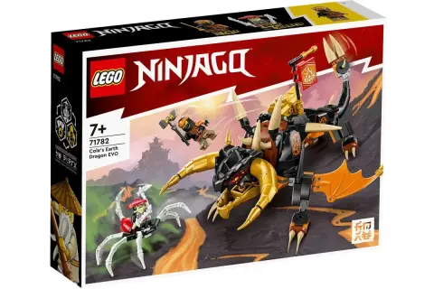 Pudełko z klockami LEGO Ninjago przedstawia smoka ziemi Cole'a EVO walczącego z pajęczym wojownikiem. To jedna z wielu znanych firm zabawek.
