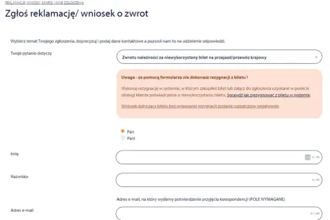 Formularz zgłoszenia reklamacji/wniosku o zwrot. Pytanie: czy można zwrócić bilet PKP Intercity.