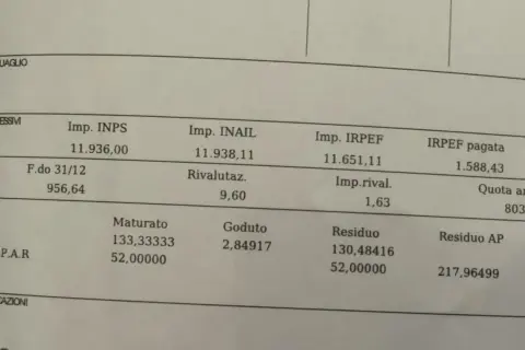 Dettagli su contributi e ferie pagate. Si vedono importi per INPS, INAIL, IRPEF e TFR, oltre a ferie maturate e godute.