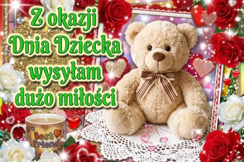 Z okazji Dnia Dziecka wysyłam dużo miłości! Uroczy miś z kokardką, róże i kubek "Best Friend" tworzą radosną kompozycję.