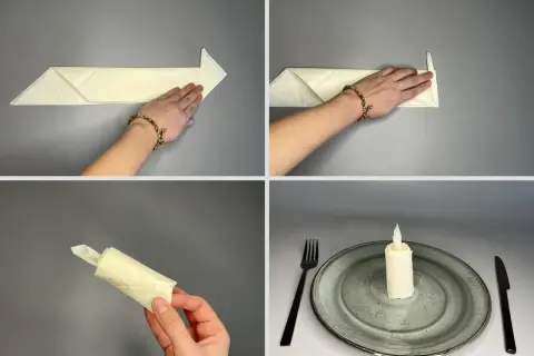 Étapes pour un pliage serviette bougie. Une main façonne la serviette pour créer une flamme. La bougie est prête sur une assiette.
