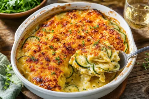 Un gratin de ravioles aux courgettes, doré et crémeux, garni de thym frais. Une cuillère en sert une portion généreuse.