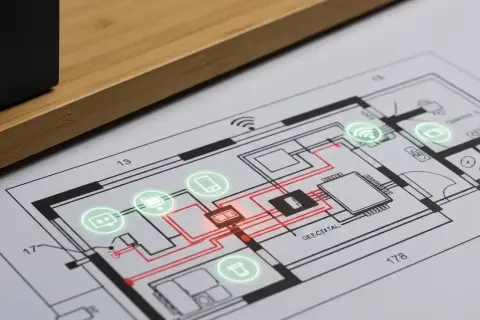 Schemat nowoczesnej instalacji elektrycznej z ikonami urządzeń i połączeń.