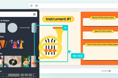 Tworzenie quizów o instrumentach muzycznych. Na ekranie widać projekt karty z pytaniami o instrumenty, z grafiką waltorni.