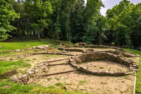 Ruinas de un castro alobre, con muros de piedra y vegetación exuberante.