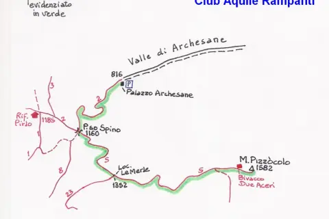 Mappa del sentiero verde che porta al Monte Pizzocolo, con Rifugio Pirdo e Bivacco Due Aceri.