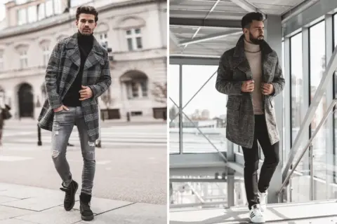 Męskie stylizacje z płaszczem: jakie buty do płaszcza męskiego? Zobacz inspiracje z czarnymi botkami i białymi sneakersami.