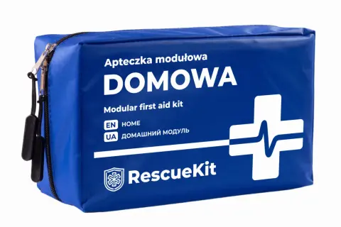 Niebieska, modułowa apteczka domowa RescueKit z białym krzyżem i napisem.