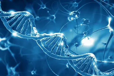 Błękitna, świecąca helisa DNA i neurony. Obraz symbolizuje badania nad chorobą Taya Sachsa i jej genetycznymi przyczynami.