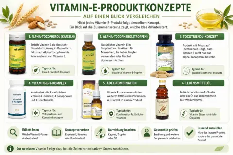 Vergleich von Vitamin-E-Produkten: Alpha-Tocopherol, Tocotrienol, ADEK-Kombinationen und mehr. Ideal für Kosmetik und Nahrungsergänzung.