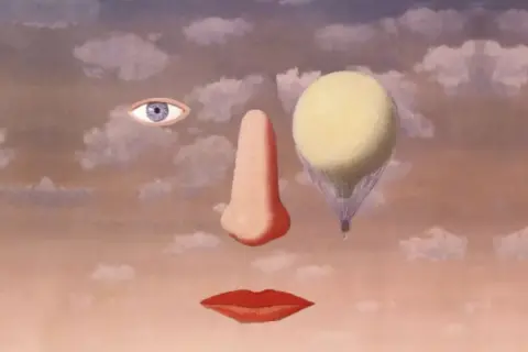 A dream surrealism art piece featuring a face composed of an eye, a nose, and lips, with a hot air balloon replacing one nostril against a cloudy sky.