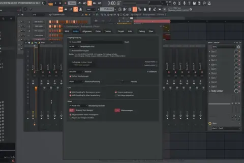 Das Bild zeigt eine Musikproduktionssoftware, in der man Instrumente und Effekte wie MIDI-Spuren und den Fruity Limiter einstellen kann.