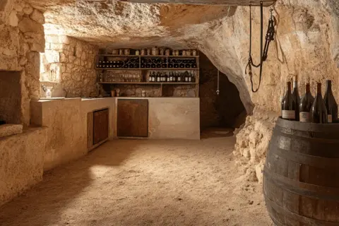 Aménagement cave rustique avec étagères à vin, tonneau et bouteilles. Lumière naturelle filtrant à travers une ouverture.