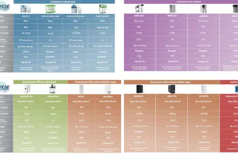 Schéma comparatif des osmoseurs Josmose : débit, rejet, fabrication, prix. Un **ultrafiltration schéma** pour choisir le modèle idéal.