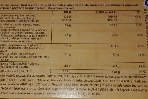 Pizza Guseppe 4 sery - kalorie i wartości odżywcze na 100g i 335g