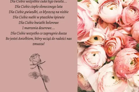 Piękny bukiet róż i róża z tekstem, który brzmi jak aforyzm o miłości i radości.