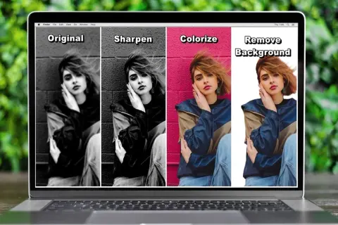 Laptop z programem do zdjęć pokazującym edycję: oryginalne, wyostrzone, pokolorowane i z usuniętym tłem.