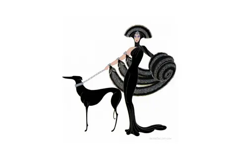 A striking Art Deco illustration, a symphony in black, features a woman in a flowing gown and elaborate headdress, holding a leash attached to a sleek black greyhound.