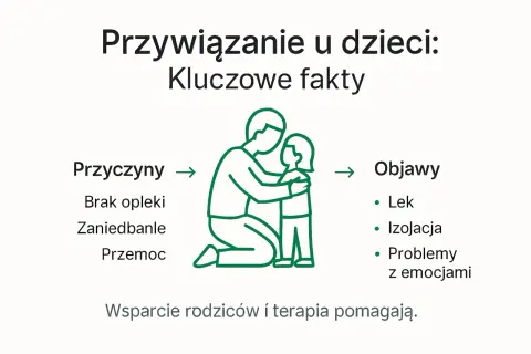 Przywiązanie u dzieci: przyczyny (brak opieki, zaniedbanie, przemoc) i objawy (lęk, izolacja, problemy z emocjami). Wsparcie rodziców i terapia pomagają.