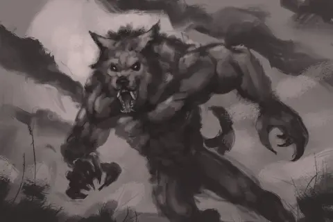 Un lupo mannaro in piena trasformazione, con artigli affilati e occhi fiammeggianti, emerge dall'oscurità. La sua furia è palpabile.