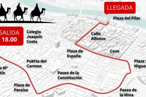 Mapa del recorrido de la cabalgata de Reyes en Zaragoza, con salida a las 18:00 desde el Colegio Joaquín Costa y llegada a la Plaza del Pilar.