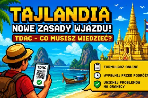 Pixelartowa grafika z turystą trzymającym telefon z kodem QR, na tle tajlandzkiej świątyni i plaży.