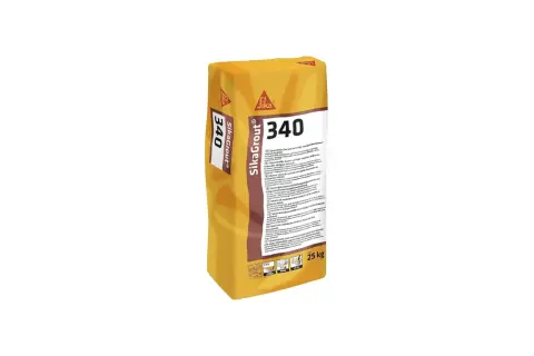 Bolsa de SikaGrout 340, mortero cementicio de alta resistencia y rápido desarrollo, ideal para anclajes y sellados.