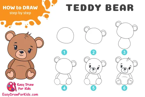 Guía paso a paso de cómo se dibuja un oso de peluche. Incluye un oso terminado y seis etapas de dibujo.