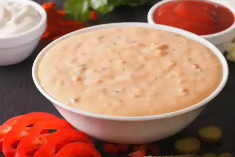 Kremowy sos do kebaba, obok papryki, ogórków i ketchupu. Idealny dodatek do Twojego ulubionego dania.