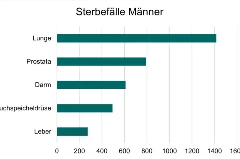 Balkendiagramm zeigt Sterbefälle bei Männern in Deutschland nach Krebsart. Lungenkrebs ist am häufigsten.