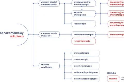 Schemat leczenia niedrobnokomórkowego raka płuca, uwzględniający różne etapy i metody, od immunoterapii po radioterapię, wpływające na długość życia.