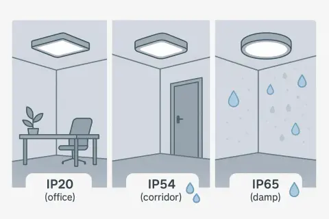 Trzy lampy sufitowe: IP20 w biurze, IP54 w korytarzu, IP65 w wilgotnym pomieszczeniu.