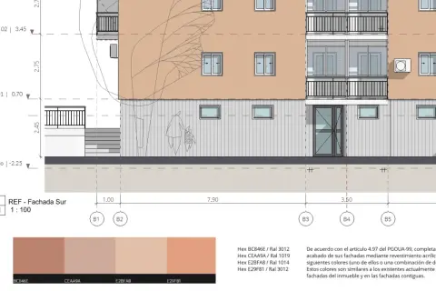 Fachada del inmueble con detalles de niveles y colores para revestimiento acrílico.