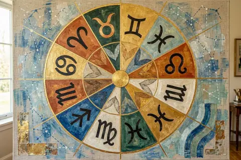 Koło zodiaku z symbolami, w tym strzelec.