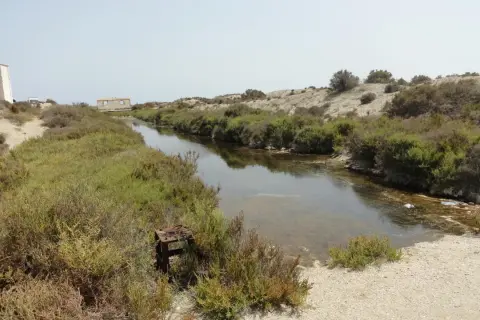 Canal de agua salada rodeado de vegetación en el parque natural Roquetas de Mar. Se aprecian ruinas y un cielo despejado.