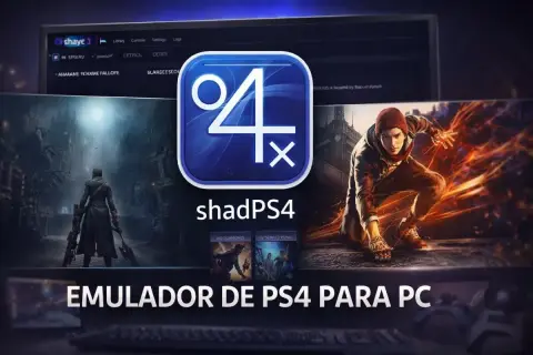Logo shadPS4, z postaciami z gier i napisem "EMULADOR DE PS4 PARA PC".