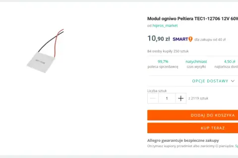 Moduł ogniwo Peltiera TEC1-12706 12V 60W z dwoma przewodami, idealny do projektów chłodzenia.