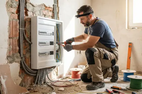 Elettricista al lavoro per il ripristino impianto elettrico, con cavi e quadro in vista.