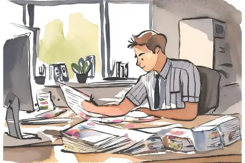 Uomo d'affari esamina documenti, un'illustrazione che suggerisce come trovare dipendenti qualificati per la tua azienda.