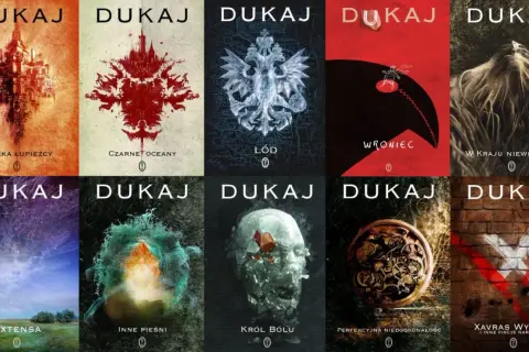 Okładki książek polskich pisarzy science fiction. Mroczne, symboliczne grafiki i tytuły jak "Córka Łupieżcy" czy "Król Bólu" zapowiadają niezwykłe historie.