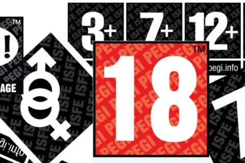Kolaż symboli PEGI: @*! (wulgaryzmy), symbole płci, cyfry 3+, 7, 12, 16, 18.
