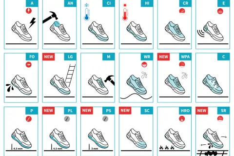 Icônes illustrant les propriétés de la matière de chaussure : résistance à l'eau, aux chocs, aux températures, etc.