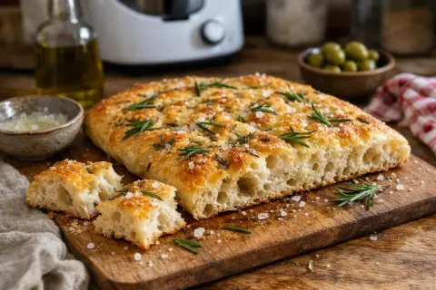 Une focaccia dorée, garnie de romarin frais et de gros sel, prête à être dégustée. Une recette simple pour un pain savoureux.