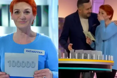 Kobieta z imieniem Katarzyna trzyma kartkę z napisem 100000, obok mężczyzna ją obejmuje.